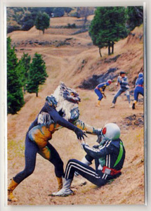 ◆防水対策 厚紙補強 カルビー 仮面ライダーチップスカード（2003 復刻版） 383番 ネコヤモリ対仮面ライダー トレカ 即決