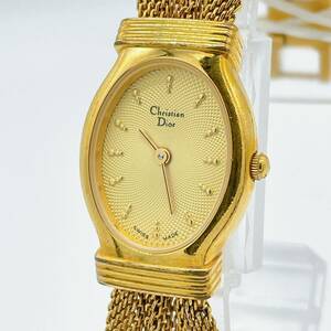 【1円スタート】稼働品 Christian Dior ディオール 3054 ゴールド文字盤 クオーツ メッシュブレス レディース腕時計 ベルト欠損有り