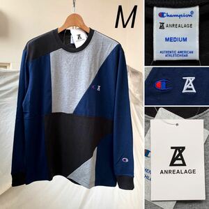 M 新品 Champion チャンピオン x ANREALAGE アンリアレイジ コラボ パッチワーク 長袖 Tシャツ 定1.87万 メンズ 長袖 ネイビー 送料無料