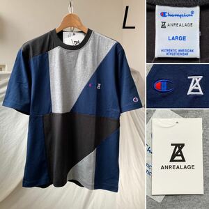 L 新品 Champion チャンピオン x ANREALAGE アンリアレイジ コラボ パッチワーク 半袖 Tシャツ 定1.76万 メンズ ネイビー 送料無料