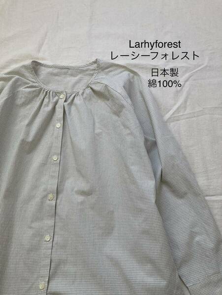 ★送料無料★Lashy forest レーシーフォレスト 方眼チェック長袖シャツ アイボリー ラウンドネック スリット M〜Lサイズ 日本製 綿100%