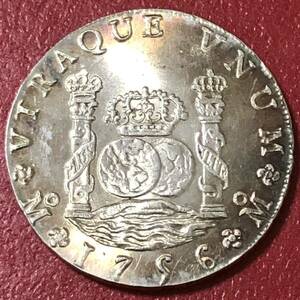 銀貨 1756年　8レアル　ピラーダラー銀貨　カルロス3世 スペイン領メキシコ 1円銀貨　貿易銀　古銭　硬貨　コイン　一円銀貨