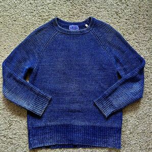 Blue Blueブルーブルー☆USED加工 藍染 インディゴブルーコットンニット セーター クルーネック 長袖 トップス サイズ1の画像1