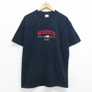 L/古着 半袖 ビンテージ Tシャツ メンズ 00s ヒューストン テキサス 刺繍 コットン クルーネック 紺 ネイビー 24feb29 中古