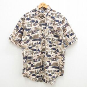 XL/古着 半袖 シャツ メンズ 90s 総柄 コットン ボタンダウン ベージュ他 カーキ 24feb29 中古 トップス