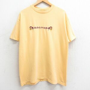 XL/古着 半袖 ビンテージ Tシャツ メンズ 90s ボストン 刺繍 コットン クルーネック 薄黄 イエロー 24feb29 中古