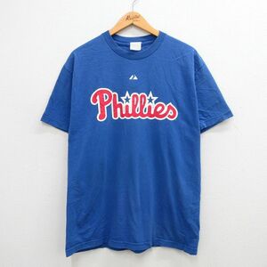 L/古着 マジェスティック 半袖 ビンテージ Tシャツ メンズ 00s MLB フィラデルフィアフィリーズ チェイスアトリー 26 クルーネック 青 ブル