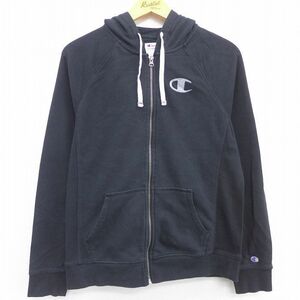 古着 チャンピオン champion 長袖 フルジップ スウェット パーカー レディース ワンポイントロゴ フロッキープリント ラグラン 黒 ブラ 7OF