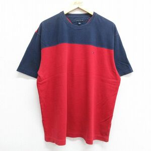 XL/古着 トミーヒルフィガー 半袖 ブランド Tシャツ メンズ ワンポイントロゴ 大きいサイズ ツートンカラー コットン クルーネック 赤 3OF