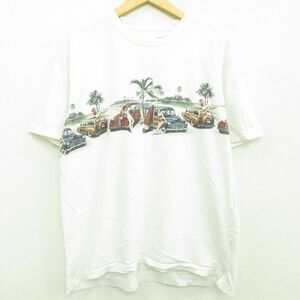 XL/古着 半袖 Tシャツ メンズ ホットロッド ヤシの木 女性 コットン クルーネック 白 ホワイト 22jul22 中古 7OF