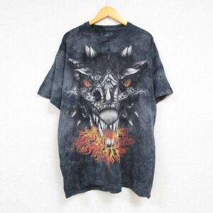 XL/古着 半袖 Tシャツ メンズ ドラゴン コットン クルーネック 黒他 ブラック タイダイ 23jun23 中古 3OF