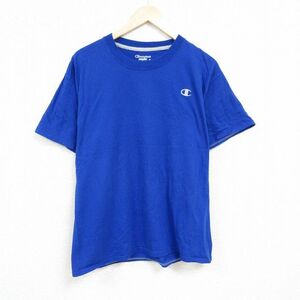 L/古着 チャンピオン Champion 半袖 ブランド Tシャツ メンズ ワンポイントロゴ クルーネック 青 ブルー 24mar01 中古