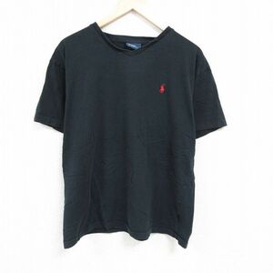 XL/古着 ラルフローレン Ralph Lauren 半袖 ブランド Tシャツ メンズ 90s ワンポイントロゴ コットン Vネック 黒 ブラック 24mar01 中古