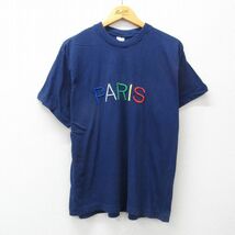 L/古着 半袖 ビンテージ Tシャツ メンズ 90s PARIS 刺繍 コットン クルーネック 紺 ネイビー 24mar02 中古_画像1