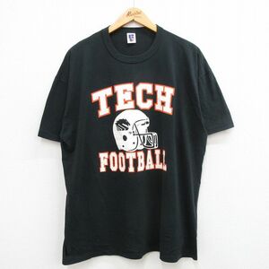 XL/古着 ラッセル 半袖 ビンテージ Tシャツ メンズ 90s フットボール TECH 大きいサイズ クルーネック 黒 ブラック 24mar02 中古