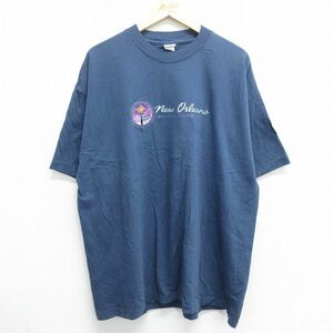 XL/古着 半袖 ビンテージ Tシャツ メンズ 00s ニューオリンズ 刺繍 大きいサイズ コットン クルーネック 紺 ネイビー 24mar04 中古