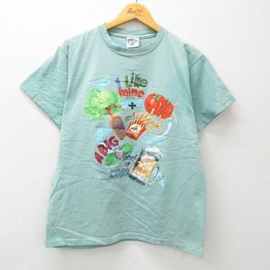 L/古着 半袖 ビンテージ Tシャツ メンズ 90s トマト ビール オウム コットン クルーネック 薄青緑 24mar04 中古