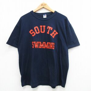 XL/古着 ラッセル 半袖 ビンテージ Tシャツ メンズ 80s スイミング 大きいサイズ　クルーネック 紺 ネイビー 24mar05 中古