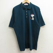 XL/古着 半袖 ポロ シャツ メンズ 90s ピーナッツ スヌーピー 大きいサイズ コットン 濃緑 グリーン spe 24mar05 中古 トップス_画像1