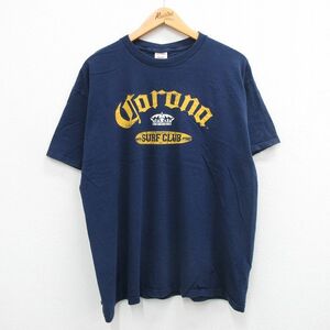 XL/古着 フルーツオブザルーム 半袖 ビンテージ Tシャツ メンズ 00s コロナ ビール 大きいサイズ コットン クルーネック 紺 ネイビー 24mar