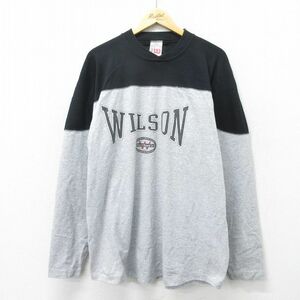 XL/古着 ウィルソン 長袖 ビンテージ Tシャツ メンズ 90s ビッグロゴ 大きいサイズ ツートンカラー クルーネック グレー 霜降り spe 24mar0