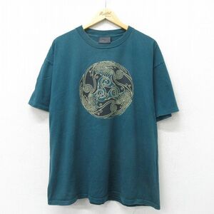 XL/古着 半袖 ビンテージ Tシャツ メンズ 90s ケルト族 JEN DELYTH 大きいサイズ コットン クルーネック 緑 グリーン spe 24mar06 中古