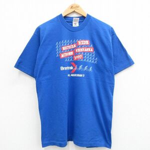 L/古着 フルーツオブザルーム 半袖 ビンテージ Tシャツ メンズ 90s 自転車 Brantrak コットン クルーネック 青 ブルー 24mar07 中古