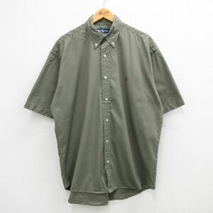 XL/古着 ラルフローレン 半袖 ブランド シャツ メンズ 90s ワンポイントロゴ BLAKE 大きいサイズ ロング丈 コットン ボタンダウン 緑系 グ