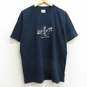 L/古着 半袖 ビンテージ Tシャツ メンズ 00s メキシコ イカリ 刺繍 コットン クルーネック 紺 ネイビー 24mar09 中古