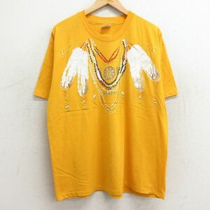 XL/古着 ヘインズ 半袖 ビンテージ Tシャツ メンズ 90s 羽 ネックレス クルーネック 黄 イエロー 24mar09 中古