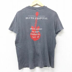 L/古着 ヘインズ 半袖 ビンテージ バンド Tシャツ メンズ 80s ブルースフェスティバル アルバートコリンズ コットン クルーネック 濃グレー