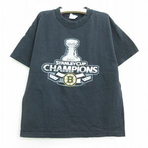 古着 リーボック 半袖 Tシャツ キッズ ボーイズ 子供服 NHL ボストンブルーインズ 11 コットン クルーネック 黒 ブラック アイスホッケ