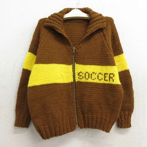 古着 長袖 フルジップ ニット カーディガン カウチン セーター キッズ ボーイズ 子供服 70s サッカー 襟付き ラグラン タロン 茶他 ブ