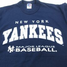 古着 ラッセル 半袖 ビンテージ Tシャツ キッズ ボーイズ 子供服 00s MLB ニューヨークヤンキース クルーネック 紺 ネイビー メジャー_画像2