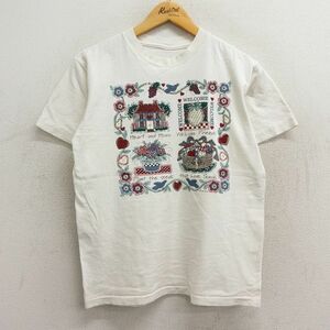 古着 半袖 ビンテージ Tシャツ レディース 90s 花 家 ハート クルーネック 白 ホワイト 23aug28 中古