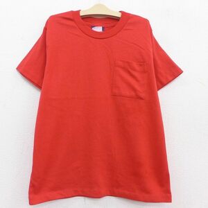 古着 半袖 ビンテージ Tシャツ キッズ ボーイズ 子供服 90s 無地 胸ポケット付き クルーネック 赤 レッド 22jun24