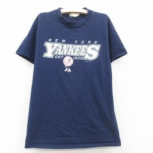 古着 マジェスティック 半袖 ビンテージ Tシャツ キッズ ボーイズ 子供服 00s MLB ニューヨークヤンキース クルーネック 紺 ネイビー