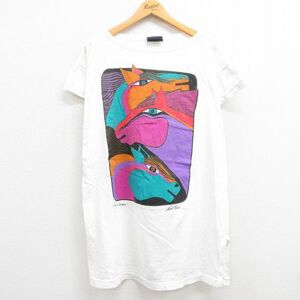 古着 半袖 ビンテージ Tシャツ レディース 90s 馬 アート 大きいサイズ コットン クルーネック 白 ホワイト 23aug29 中古