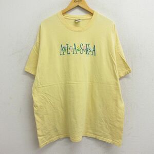 古着 半袖 ビンテージ Tシャツ レディース 00s アラスカ 花 刺繍 大きいサイズ コットン クルーネック 薄黄 イエロー 23jul14 中古