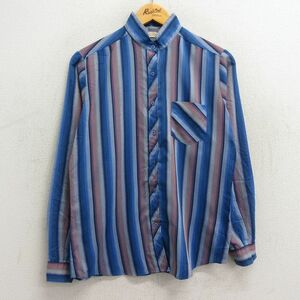  б/у одежда рубашка с длинным рукавом женский 80s воротник-стойка синий др. голубой полоса 23aug28 б/у блуза tops 