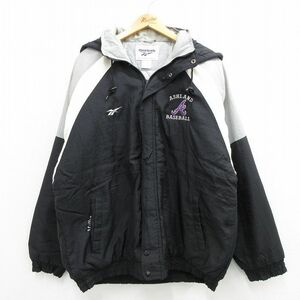 XL/古着 リーボック 長袖 ナイロン ジャケット メンズ 90s 野球 ASHLAND ワンポイントロゴ マルチカラー ラグラン 黒他 ブラック 内側