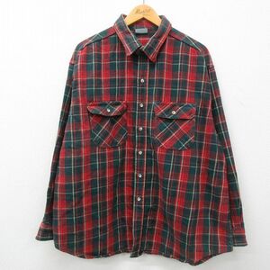 XL/古着 長袖 ヘビー フランネル シャツ メンズ 90s 大きいサイズ 濃緑他 グリーン タータン チェック 23feb21 中古 トップス