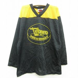 古着 長袖 ビンテージ Tシャツ アイスホッケー ジャージ キッズ ボーイズ 子供服 90s Triboro Vネック ツートンカラー 黒他 ブラック