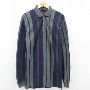 M/古着 ノーティカ 長袖 ブランド ポロ シャツ メンズ 90s ワンポイントロゴ ロング丈 コットン 紺 ネイビー ストライプ 23jul29 中古