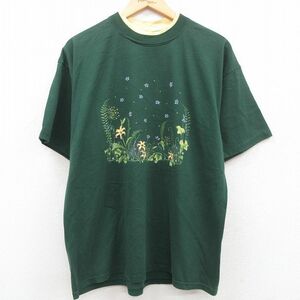 古着 半袖 ビンテージ Tシャツ レディース 00s 花 クルーネック 濃緑他 グリーン 23may11 中古