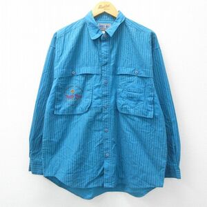 L/古着 ビューグルボーイ 長袖 シャツ メンズ 90s ビッグロゴ 刺繍 コットン ボタンダウン 青 ブルー ストライプ 23sep18 中古 トップ