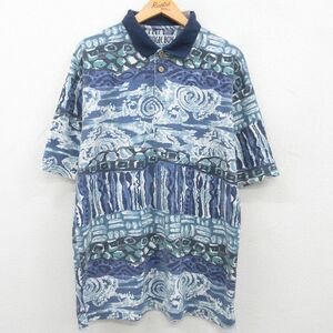 XL/古着 ビューグルボーイ 半袖 ポロ シャツ メンズ 90s 総柄 大きいサイズ 鹿の子 薄紺他 ネイビー 23jun19 中古 トップス