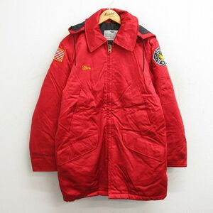 M/古着 ゴールデンフリース 長袖 ジャケット マウンテン パーカー コート メンズ 80s 消防署 ロング丈 赤 レッド 内側キルティング spe