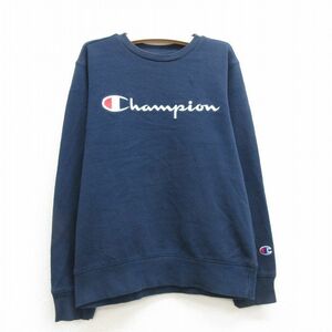 古着 チャンピオン champion 長袖 スウェット キッズ ボーイズ 子供服 ビッグロゴ 刺繍 クルーネック 紺 ネイビー 22oct14