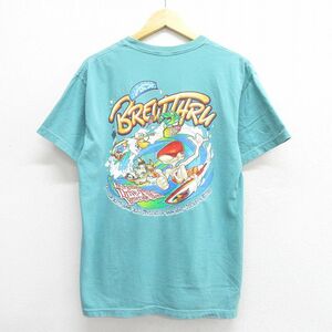 L/古着 半袖 ビンテージ Tシャツ メンズ サーフィン コットン クルーネック 青緑 23jun21 中古